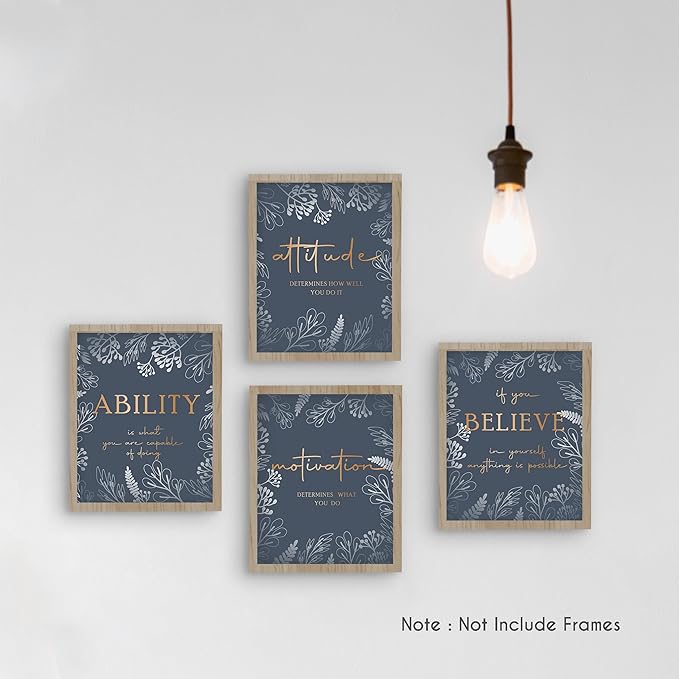HRQKO Office Motivational Wall Art Poster Prints Set of 4, Inspirational Quotes, Gold Artwork for Walls, Affirmation Decor for Women Men 8"x10" Unframed