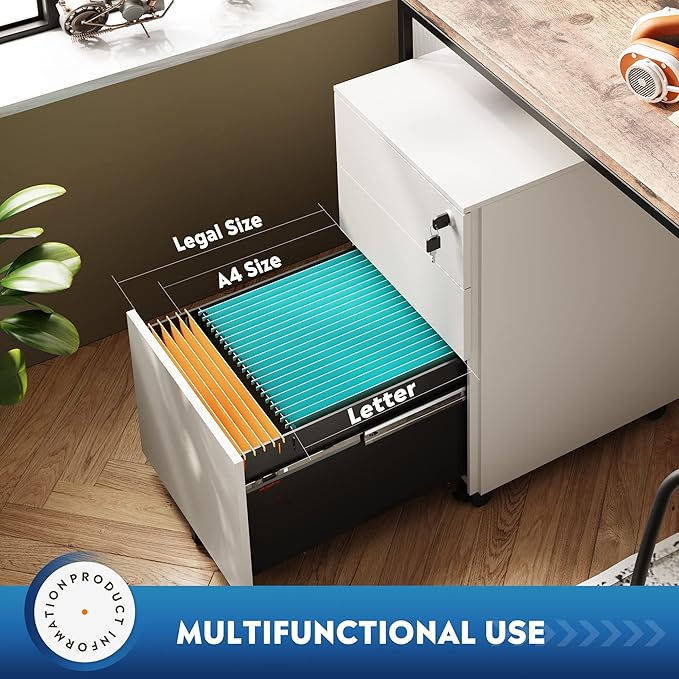DEVAISE 3 Drawer Locking File Cabinet, Under Desk Metal Filing Cabinet for Legal/Letter/A4 File, Fully Assembled Except Wheels, White