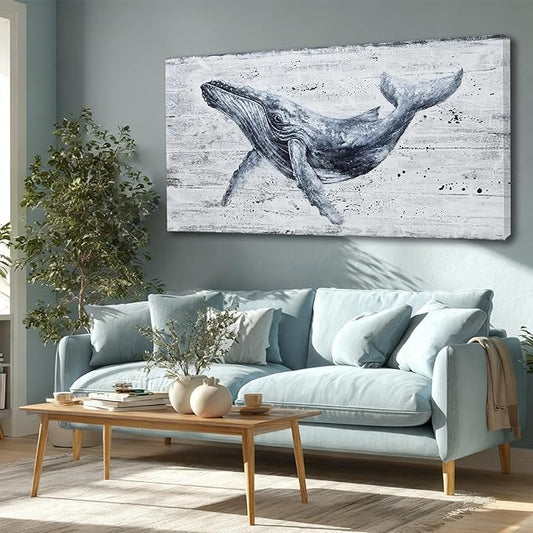 ZUNARE Modern Abstract Whale Canvas Wall Art Deep Blue Ocean Animal Posters Picture Minimalist Nautical Artwork for Living Room Bedroom Office Wall Decor 24x48 inch