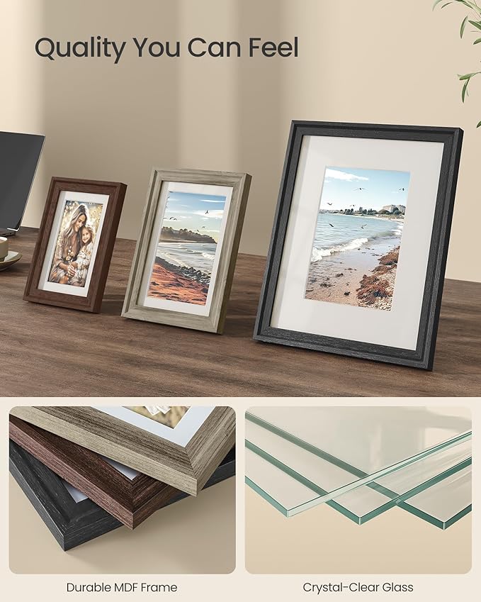 SONGMICS Picture Frames with 16 Mats, Set of 10 Collage Photo Frames, Two 8x10, Four 5x7, Four 4x6, Hanging or Table Display,12 Non-Trace Nails, Maroon Brown, Heather Greige, Ash Black URPF049K04