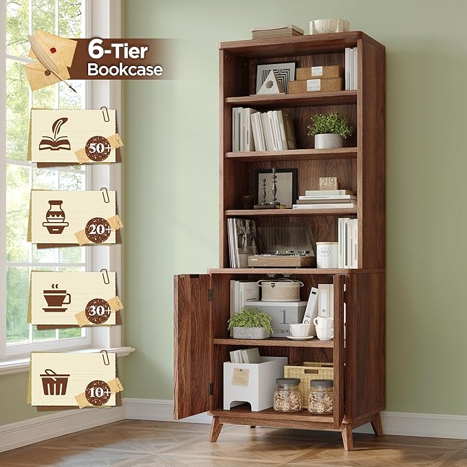 6-Tier Bookshelf, Modern Bookcase with Fluted Doors & Adjustable Shelves, Mid-Century Cabinet, Wooden Book Shelf for Home Office, Living Room, Kitchen, Walnut