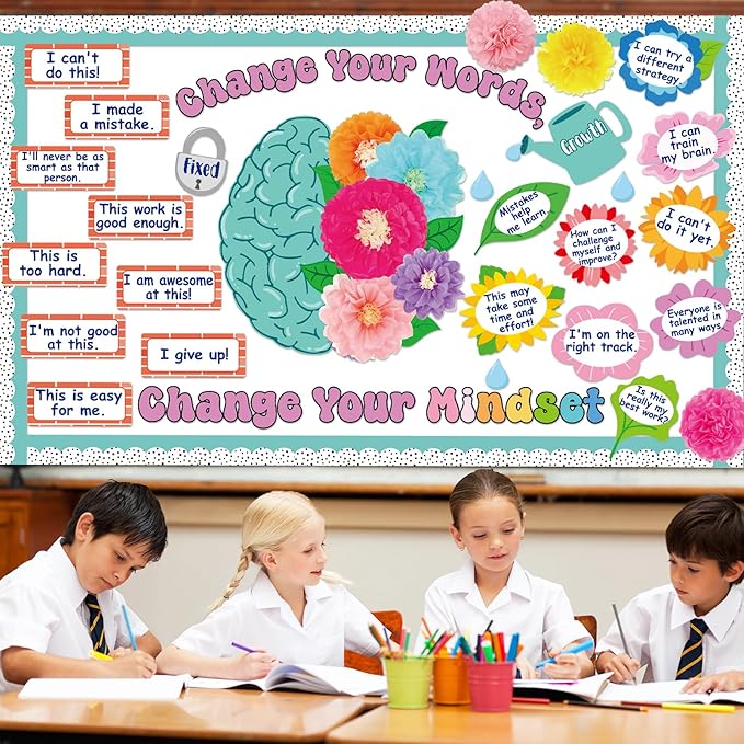 Growth Mindset Bulletin Board Decoration Flower Change Your Words Spring Brain Bulletin Board Set Cutouts with 3D Tissue Paper Pompoms Positive Sayings Posters Decor for Back to School Supplies