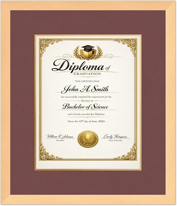 CountryArtHouse Diploma Frame Fits 11 x 14 College Diploma (Portrait) - Keepsake Graduation Display Natural Wood Genuine Hardwood with Dark Red Over Metallic Gold Double mat