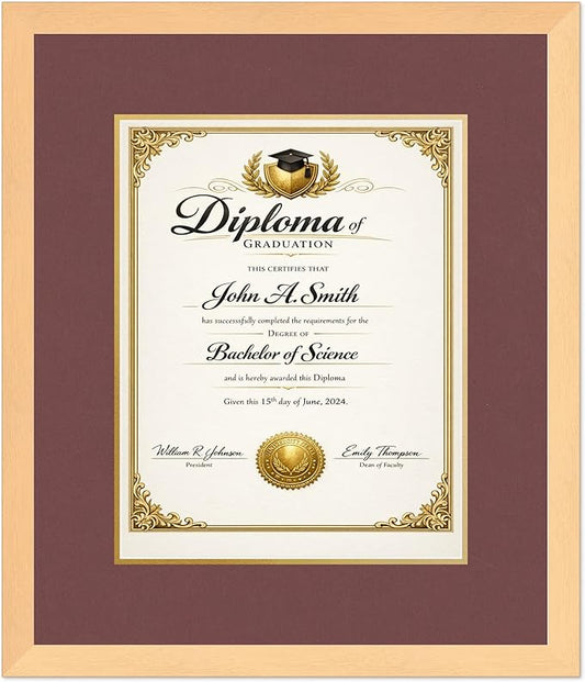 CountryArtHouse Diploma Frame Fits 11 x 14 College Diploma (Portrait) - Keepsake Graduation Display Natural Wood Genuine Hardwood with Dark Red Over Metallic Gold Double mat