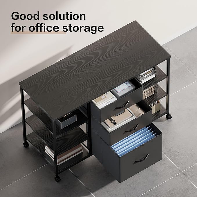 Mobile File Cabinet,Lateral Filing Cabinet with 3 Fabric Drawers,Rolling Printer Stand with 4 Open Storage Shelf for Home Office,Black