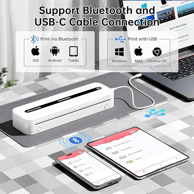 Portable Printer, 300DPI Wireless Bluetooth Thermal Printers, Support Multi-Size Thermal Paper, Compatible with iOS, Android & PC, Inkless Mobile Printer for Travel, Office, School, White