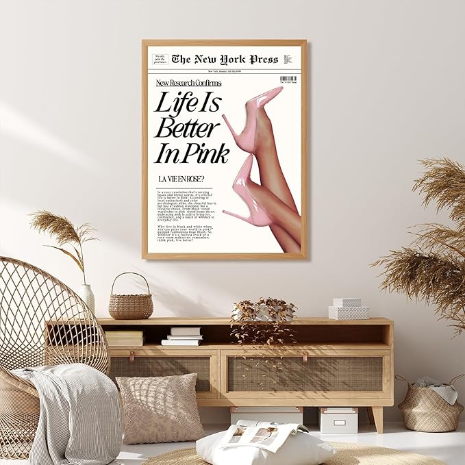 Trendy Baby Pink Hot Girl Poster Life Is Better In Pink Newspaper Wall Art Retro High Heel Picture 70s News Headline Canvas Prints Aesthetic Decor for Girly Bedroom Dorm 12x16inch Wood Color Framed