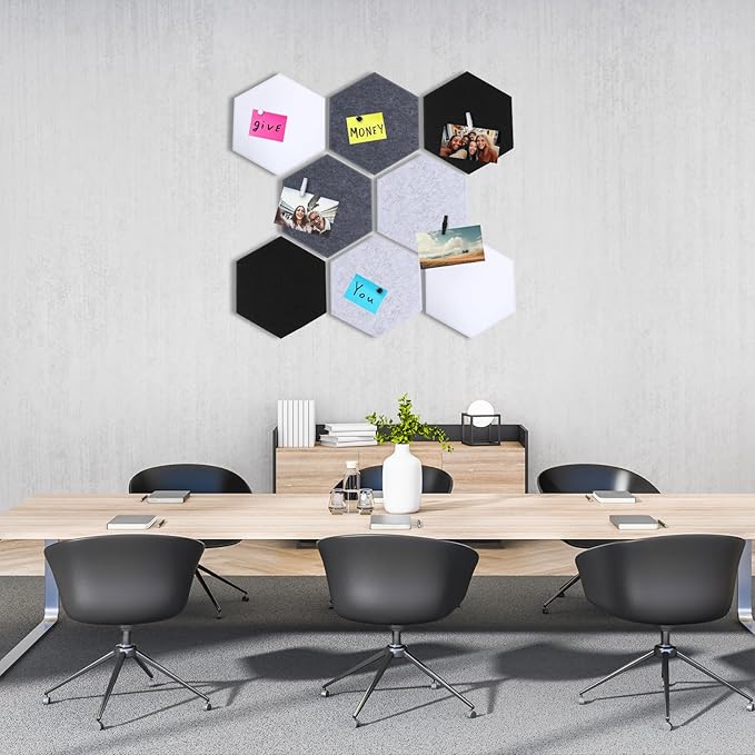 8 Pcs 12" Large Hexagon Felt Cork Bulletin Board Tiles Self Adhesive DIY Pin Board with 50 Push Pins and 10 Colored Clips, Wall Decor for Office Home Kitchen Photos Memos(Black White)