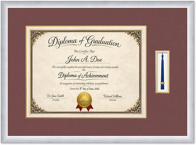 Diploma Frame with Tassel Holder 27.25 x 20 Stainless Silver Shadowbox Dark Red Over Gold Mat - Fits 17 x 13 Degree Made in the USA