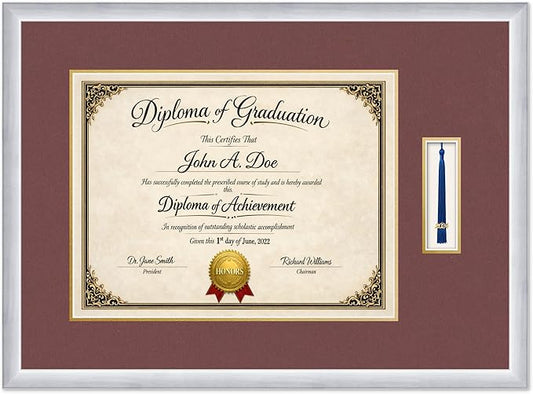 Diploma Frame with Tassel Holder 27.25 x 20 Stainless Silver Shadowbox Dark Red Over Gold Mat - Fits 17 x 13 Degree Made in the USA