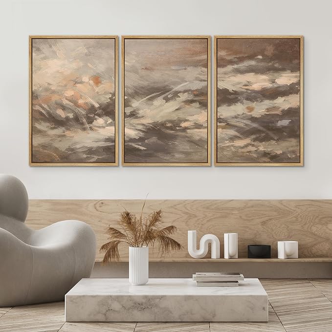 SIGNWIN Framed Canvas Print Wall Art Set Warm Earth Tone Brushstroke Abstract Illustrations Modern Art Decorative Boho Relax/Zen Nordic for Living Room, Bedroom, Office - 24"x36"x3 Natural