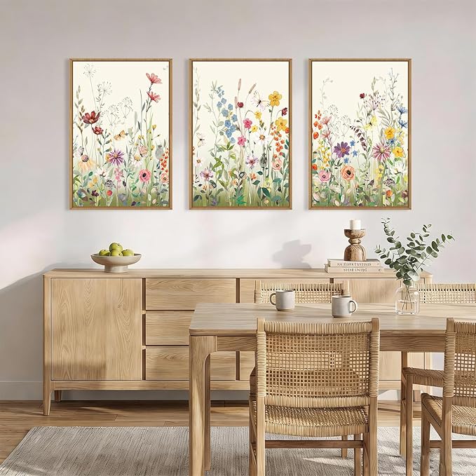 Aryroi Large Colorful Wildflower Framed Canvas Wall Art Set,Vintage Spring Flowers Green Leaf Decor,Watercolor Daisy Floral Botanical Artwork for Living Room, Bedroom,Office- 16"x24"x3