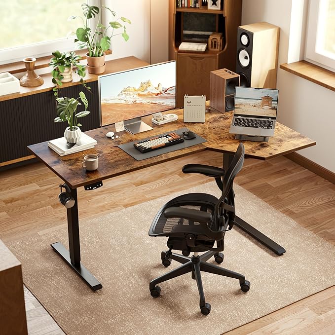 Agilestic Electric Standing Desk, Height Adjustable Desk, 55 x 32 Inch Sit Stand up for Work Office Home, L Shaped Ergonomic Rising Computer Table with Memory Preset, Rustic Brown