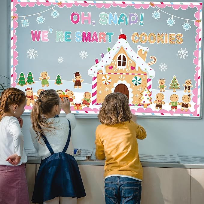 Christmas Gingerbread Bulletin Board Decorations Set with Borders Winter Xmas Holiday Classroom Decor for Teachers Gingerbread Man House Cutouts for Class School Classroom Bulletin Board Decoration