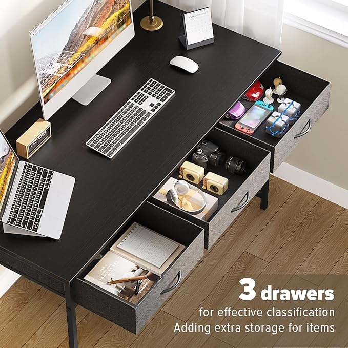 WOHOMO Computer Desk with 3 Drawers, 47.2 Inch Small Vanity Desk with Storage, Home Office Bedroom Desk for Small Spaces, Modern Work Writing Study Gaming Tables, Black