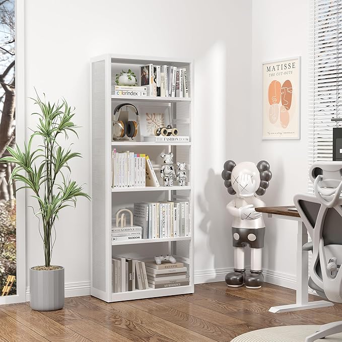 [Heavy Duty] Metal 5 Tier Bookshelf, 68" Tall Bookcase, Large Open Storage Shelf, Floor Standing Bookshelves and Bookcases for Home Office, Library, Living Room, Bedroom, White, Assemble Required