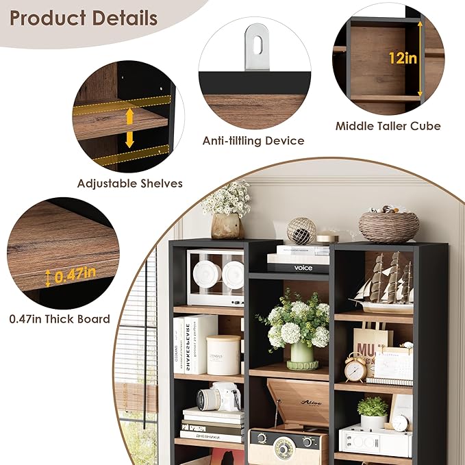 FOTOSOK 71'' Tall Bookshelf with 21 Cubes, 8 Tier Triple Wide Bookshelf with 8 Adjustable Shelves, 35" Large Bookcase DVD/CD Media Tower Storage, Freestanding Display Shelf Cabinet, Black/Brown