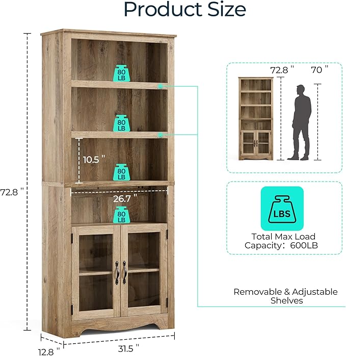 LINSY Bookshelf with Doors, 6 Shelf Bookcase Tall Bookshelves, 73" Farmhouse Book Shelf with Storage Cabinet, Wood Book Shelves for Living Room, Bedroom, Office, Rustic Brown