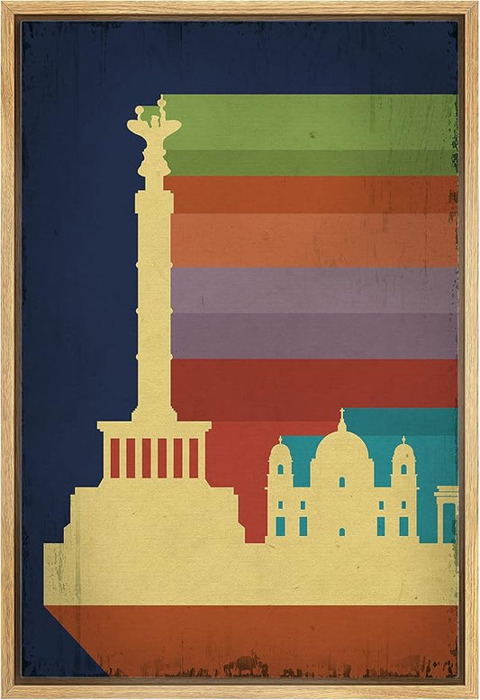 IDEA4WALL Framed Canvas Print Wall Art Retro Vintage Berlin Germany Poster Cultural Building Illustrations Modern Art Contemporary Scenic Warm for Living Room, Bedroom, Office - 24"x36" NATURAL