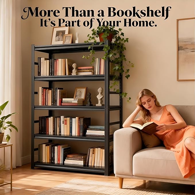 Modern Bookshelf, Book Shelf, 1500LBS Display Bookcase with Steel Frame & Metal Shelves, Adjustable Bolt-Free Storage Shelves for Living Room, Bedroom, Garage, Kitchen (35.4" W x15.7 D x71 H)