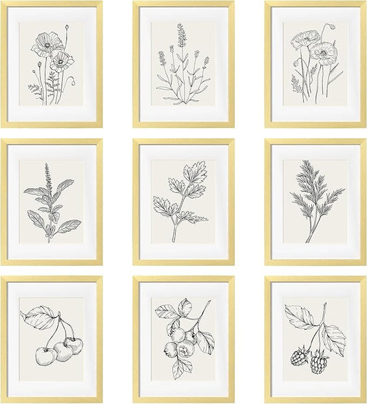 eletecpro 11x14 Picture Frames Set of 9 Modern Gallery Wall Frame Set, Displays 8x10 Photos with Mat or 11x14 No Mat, Gold Picture Frames Collage Wall Decor for Home Decor