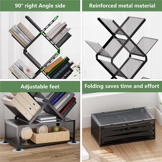 Gintan 9-Tier Space Saving Book Shelf with Storage,Bedroom Shelves Folding Bookshelves,No Installation Required Shelf Tree Metal Bookshelf for Living Room,Study,Home Office,Bed Room (Black)