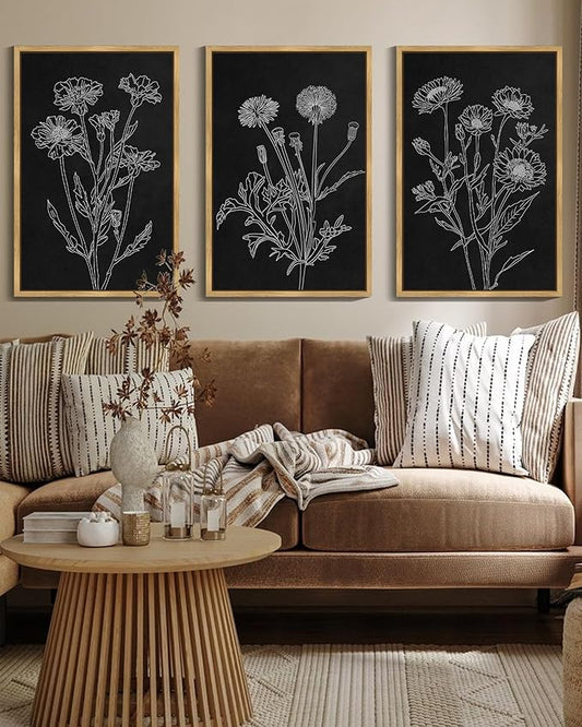 Drsoum Black White Flower Wall Art Vintage Minimalist Floral Wall Hanging Decor Bohemain Botanical Prints Artwork for Bedroom Living Room Hallway 16x24in Natural Framed
