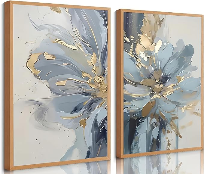 2Pcs Neutral Abstract Floral Canvas Wall Art Luxurious Light Blue Grey And Gold Flower Painting Pictures Wall Decor Poster Print Artwork for Living Room Bedroom Bathroom Home Decoration Unframed