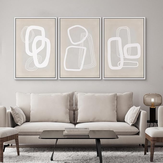 SIGNWIN Framed Canvas Print Wall Art Set Mid-Century Geometric Polygon Variety Abstract Shapes Cozy Neutral Decorative Contemporary Minimal for Living Room, Bedroom, Office - 16"x24"x3 White
