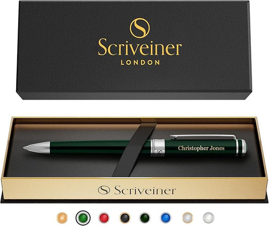 Scriveiner Personalized British Racing Green Ballpoint Pen - Stunning Green Lacquer Luxury Pen with Chrome Finish, Schmidt Ink Refill, Engraved Ball Point Gift Set for Men & Women, Custom Engraving