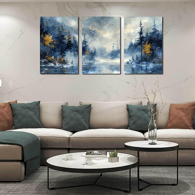 SIXTTART Trees Canvas Wall Art for Living Room - Blue Forest Wall Decor Office - 3 Piece Pictures Wall Art Size 16" x 24"