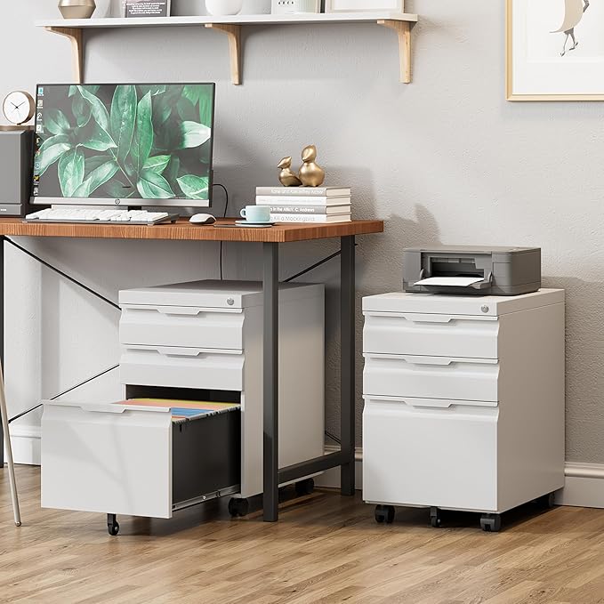 3 Drawer Metal Rolling File Cabinet with Lock, Under Desk Mobile Filing Cabinet for Home Office, Steel Storage Cabinet with Wheels for A4/Letter/Legal Documents, Easy Assembly, White