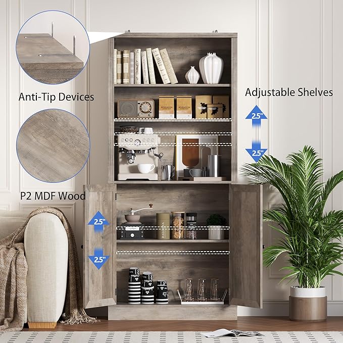 70.1" Tall Bookshelf with Cabinet, 5-Tier Floor Standing Bookcase with Doors & Adjustable Shelves, 31.5" Wide Storage Shelf, Metal Handles, Modern Organizer for Home Office, Living Room