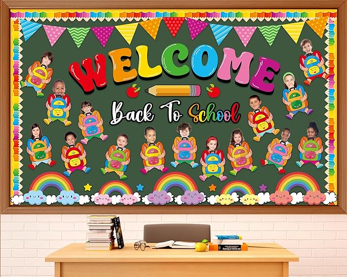 gisgfim Welcome Back to School Bulletin Board Decorations Set Schoolbag Paper Cutouts Colorful Cartoon Backpack Classroom DIY Photo Craft Bulletin Board Decor for Preschool Home Door Chalkboard Wall