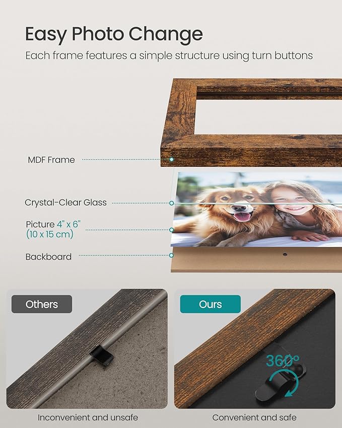 SONGMICS Collage Picture Frames, 4x6 for Wall Decor, Multi Family Photo for Gallery Decor, Hanging Display, Set of 4, Ink Black and Rustic Brown URPF025K01