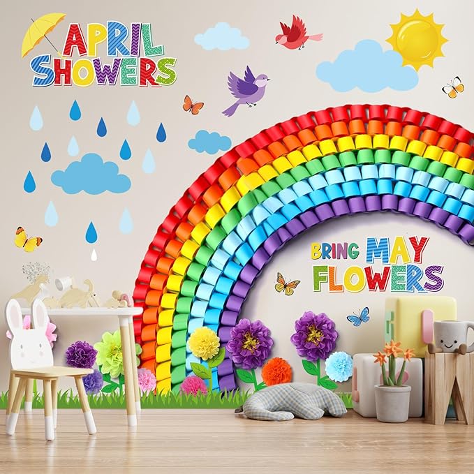 Blosssound Spring Bulletin Board Decorations April Showers Bring May Flowers Decorations 3D Spring Flower Rainbow Cutouts with Paper Flowers Blackboard Wall Decals for School Home Party Decor