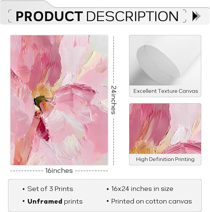 Abstract Floral Wall Art Pink Flower Canvas Pictures Modern Wall Decor Blush Pastel Pink Prints Peony Painting Minimalist Poster Botanical Artwork for Bedroom Living Room 16x24 Inch Unframed set of 3