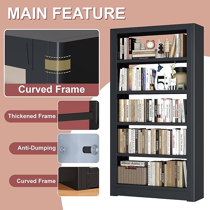 Large Metal Bookcase, 69” Modular Bookshelf with Storage, 5 Tier Bookcase with Adjustable Shelves, Extra Tall Book Shelves, Modern Book Case for Library, Office, Entryway, Living Room（Black）