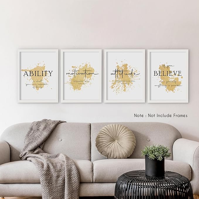 HRQKO Gold Inspirational Wall Art Set of 4, Motivational Prints, Modern Gold Artwork, Affirmations for Office Women 12'x16' Unframed