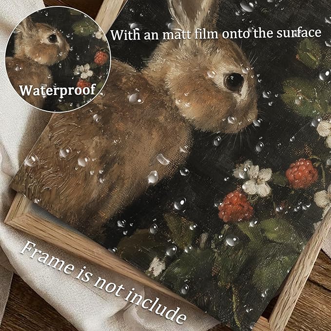 uniro Vintage Rabbit Wall Art, Farmhouse Canvas Wall Decor, Easter Bunny and flowers Painting, Antique Rabbit Painting Wall Art Decoration for Office Bedroom Room Living Decor(8" x 10"-UNFRAMED)