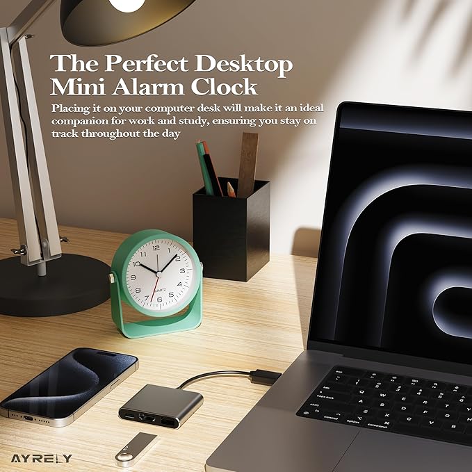 AYRELY® 3.5 Inch Small Analog Alarm Clocks,Battery Operated Desk Clock,Cute Table Clock with Light，Adjustable Angle for Travel,Bedside,Bedroom,Kids,Living Room Decor(Light Blue)