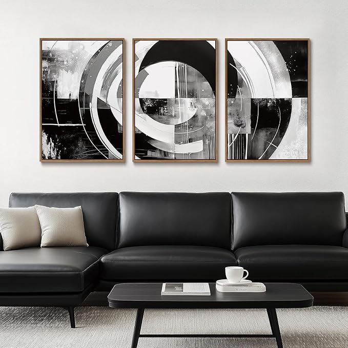 myusuar 3 Piece Large Modern Abstract Canvas Framed Wall Art For Living Room, Black And White Rings Minimalist Wall Art Decor Posters Prints For Bedroom Office, 24x36in
