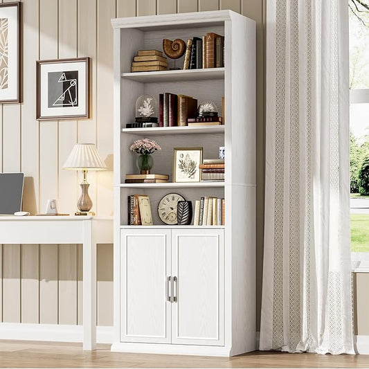 Rresyet 28" W Bookcase and Bookshelf with Doors, Modern Tall Bookshelf 6-Tier White Bookshelves with Storage Cabinet for Office, Living Room, Library