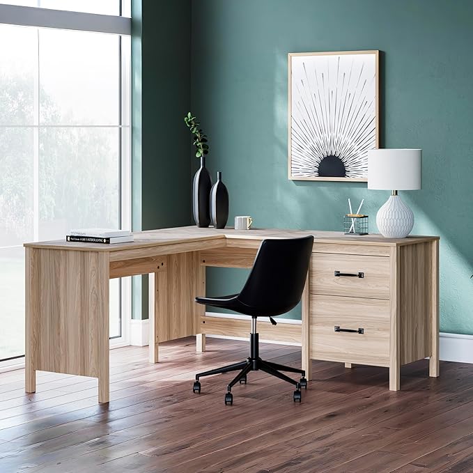 Signature Design by Ashley Battelle Casual L-Shaped Chevron Pattern 60" Home Office Desk with Return, Drawer and Cabinet, Light Brown