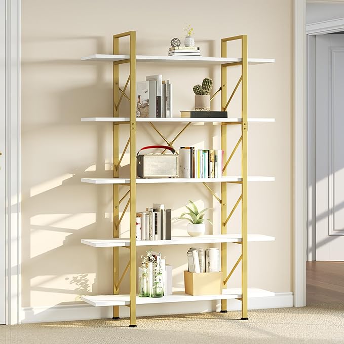 YITAHOME 5 Tier Gold Bookshelf, 70.9" Tall Modern Wide Bookcase, Open Storage Rack Shelves in Living Room/Bedroom/Home/Office, Books Holder Organizer for Books/Plants, Gold & White