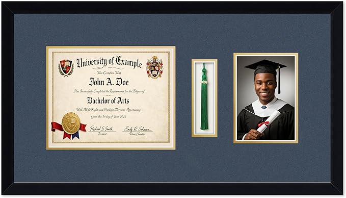CountryArtHouse Diploma Tassel and Photo Shadowbox Fits 10 x 8 Professional License with Tassel Hook an Matte Black Genuine Hardwood with Navy Blue Over Metallic Gold Double mat