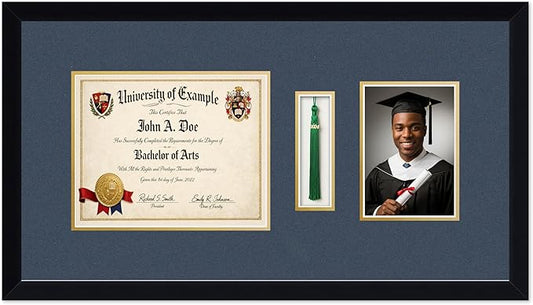 CountryArtHouse Diploma Tassel and Photo Shadowbox Fits 10 x 8 Professional License with Tassel Hook an Matte Black Genuine Hardwood with Navy Blue Over Metallic Gold Double mat
