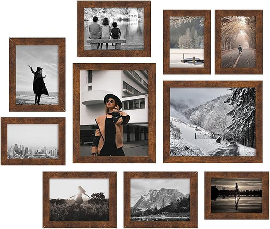 iRahmen Collage Picture Frames Set of 10, Wall Decor for Mounting or Tabletop Display, Family Photo Gallery Frame Set - Multi Sizes Including Two 8x10, Four 5x7, Four 4x6, HD Glass, Rustic Wood, Dark Brown