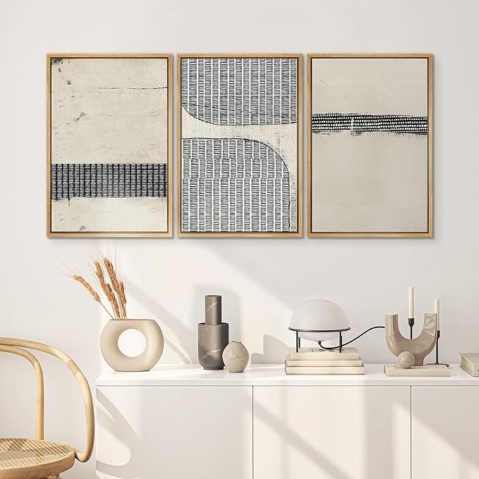 SIGNWIN Framed Canvas Print Wall Art Set Black Tan Grunge Grid Pattern Abstract Shapes Cozy Neutral Modern Art Decorative Contemporary Minimal for Living Room, Bedroom, Office - 24"x36"x3 Natural