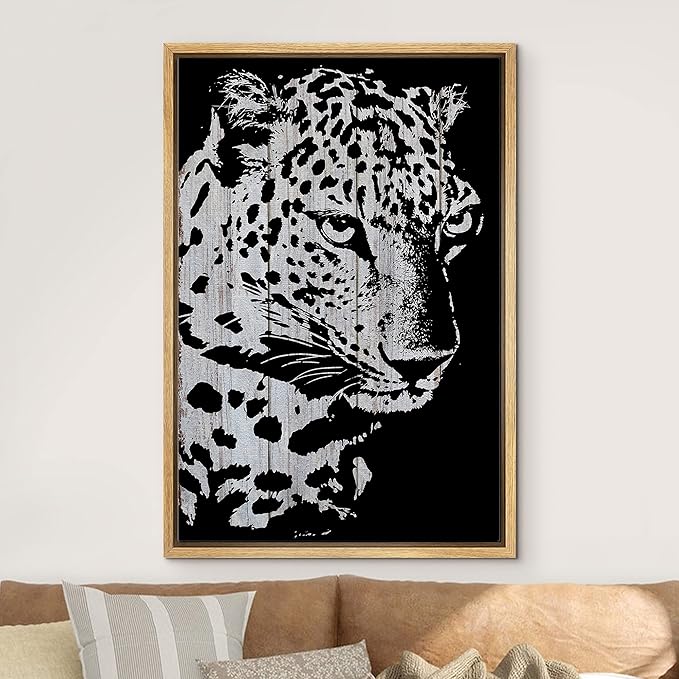 IDEA4WALL Framed Canvas Print Wall Art Grayscale Spotted Leopard on Wood Blocks Animals WildLife Illustrations Modern Art Tropical Portrait Dark for Living Room, Bedroom, Office - 24"x36" NATURAL